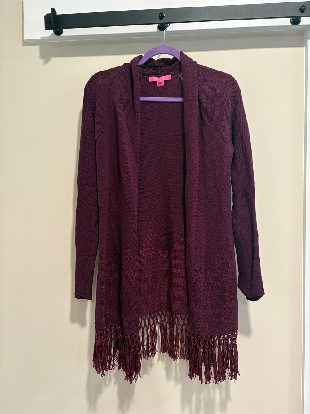 Lilly Pulitzer Burgundy Open-Front Fringe Cardigan